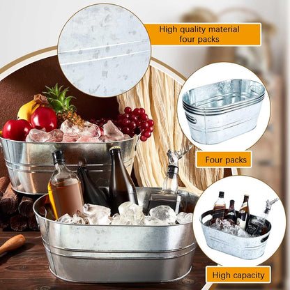 Tessco 4 Pcs 4 Gallon Galvanized Metal Tubs Large Ice Buckets for Parties Beverage Drink Tin Bins Champagne Cocktail Wine Cooler for Summer Mimosa Bar Supplies (Classic,Silver)