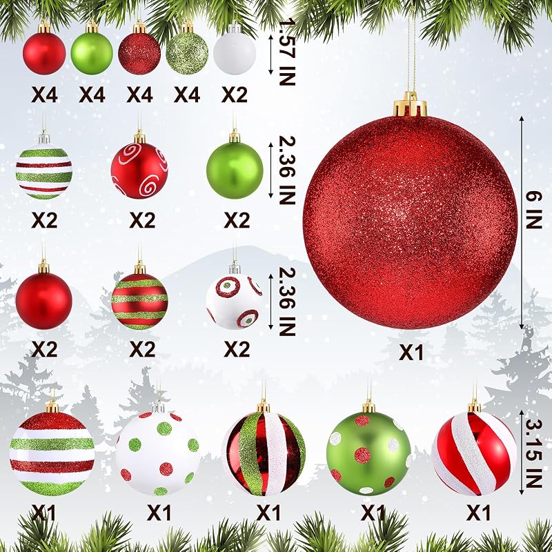 Christmas Ball Ornaments Set - 36 Pcs Red & Green, Glitter & Swirl Design