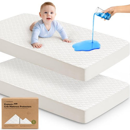 2-Pack Waterproof Crib Mattress Protector Cover Fitted - Quiet Baby Crib Mattress Pad Sheets, 52" x 28" Soft Quilted Cotton Baby Sheet, Machine Washable, Easy Fit, Durable (Soft White/Mavy)