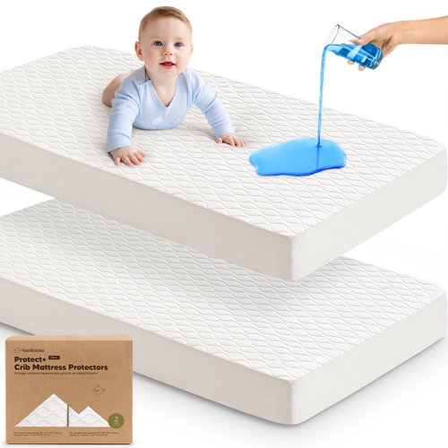 2-Pack Waterproof Crib Mattress Protector Cover Fitted - Quiet Baby Crib Mattress Pad Sheets, 52" x 28" Soft Quilted Cotton Baby Sheet, Machine Washable, Easy Fit, Durable (Soft White/Mavy)