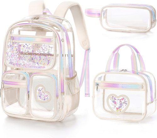 Fimibuke Clear Backpack - Heavy Duty PVC Transparent Bookbag for Girls | Includes Lunch Box & Pencil Case
