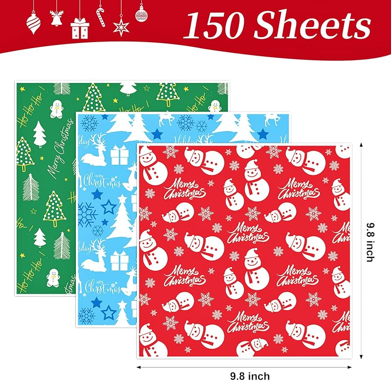 Christmas Wax Paper Sheets 150-Pack 9.8 x 9.8in - Food Safe, Oil Proof, Microwave & Freezer Ready - Red Green Blue Variation