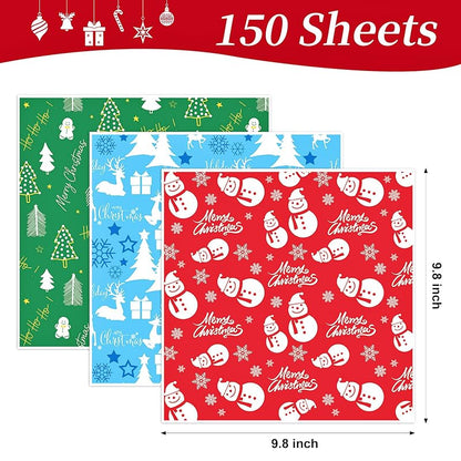 Christmas Wax Paper Sheets 150-Pack 9.8 x 9.8in - Food Safe, Oil Proof, Microwave & Freezer Ready - Red Green Blue Variation