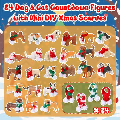 Christmas Advent Calendar 2025 - Mini DIY Xmas Scarves & 24 Days Countdown Figures for Dogs & Cats