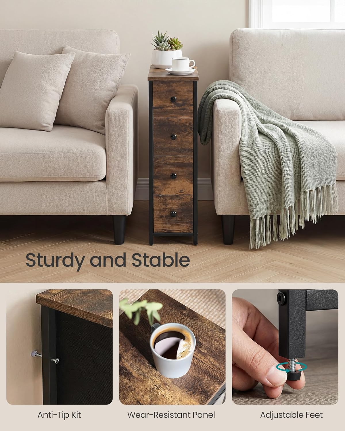 SONGMICS Dresser - Narrow Chest of Drawers for Bedroom Storage | 4-Drawer Steel Organizer in Rustic Brown & Ink Black