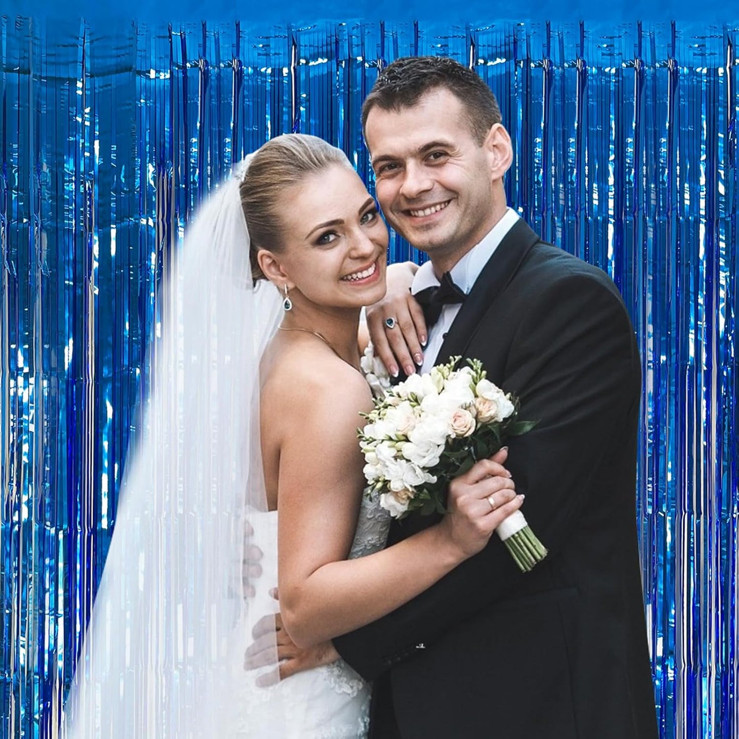 Skiennix Blue Metallic Tinsel Foil Fringe Curtains - 5 Pack Photo Booth Backdrop for Parties & Celebrations