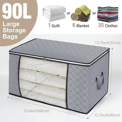 90L Large Storage Bags by [Brand Name] - 4 Pack Foldable Closet Organizers with Durable Handles for Bedding, Clothes & Toys | Grey