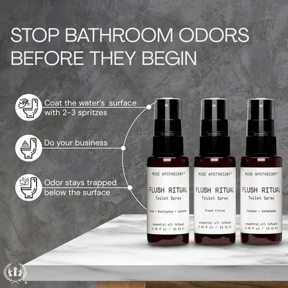 Muse Apothecary Flush Ritual Toilet Spray - Aromatic Essential Oils for Freshness | Aloe, Eucalyptus, Lavender - Travel Size Mini Collection, 0.45 oz, 3 Pack