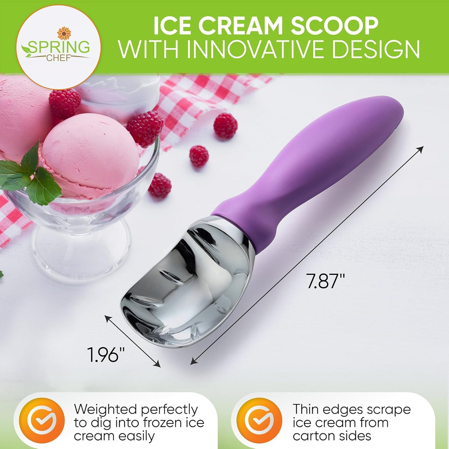 Spring Chef Metal Ice Cream Scoop - Heavy Duty Comfortable Handle for Gelato, Sorbet, and More | Dishwasher Safe - Orchid