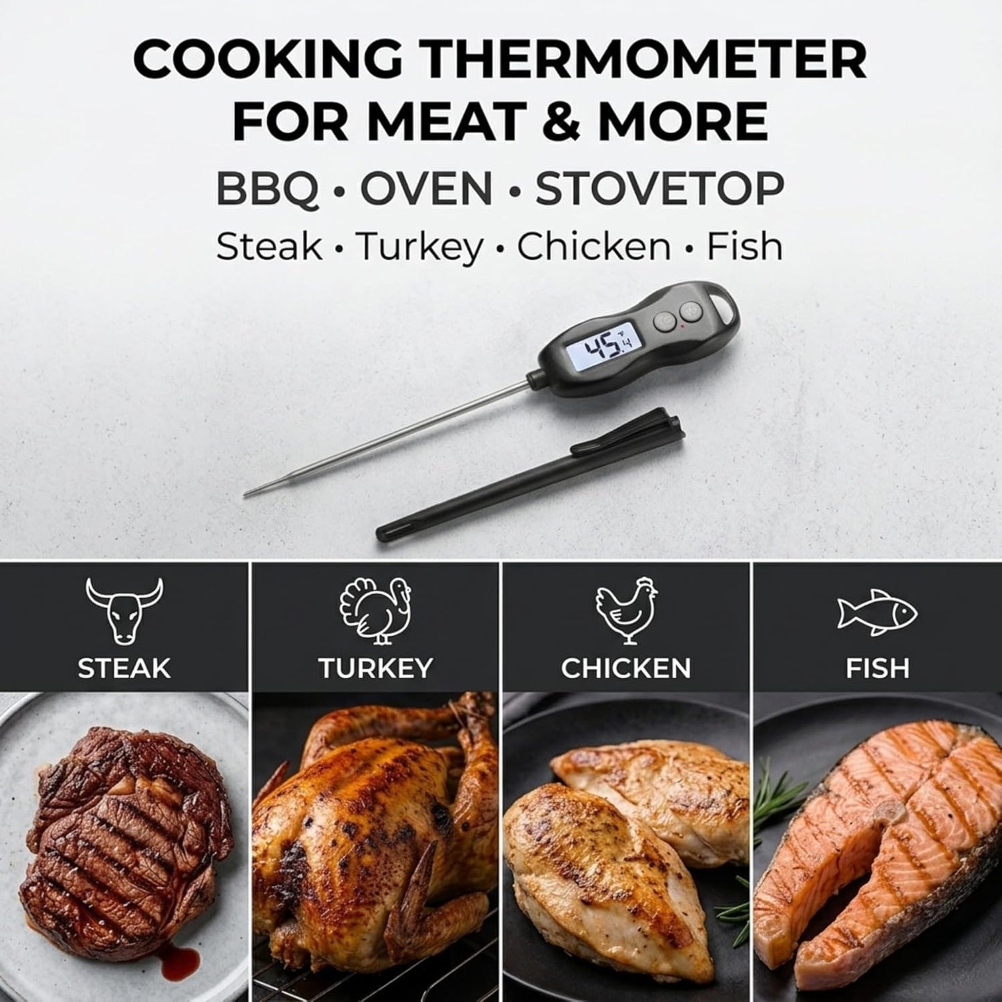 Meat Thermometer by [Brand Name] - Digital Instant Read with Backlight | Waterproof for BBQ, Grilling & Baking (Black)