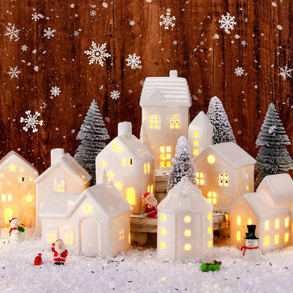 Vinsot 34 Pcs LED Christmas Village Set - Light Up Houses, Snowman & Santa Figurines, Trees & Lamp Post Decor