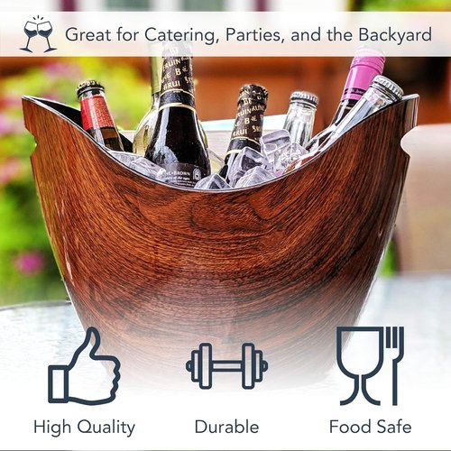 BREKX Cherry-Oak Wood Curved Beverage Tub, Wine Chiller and Ice Bucket, 8 Quarts