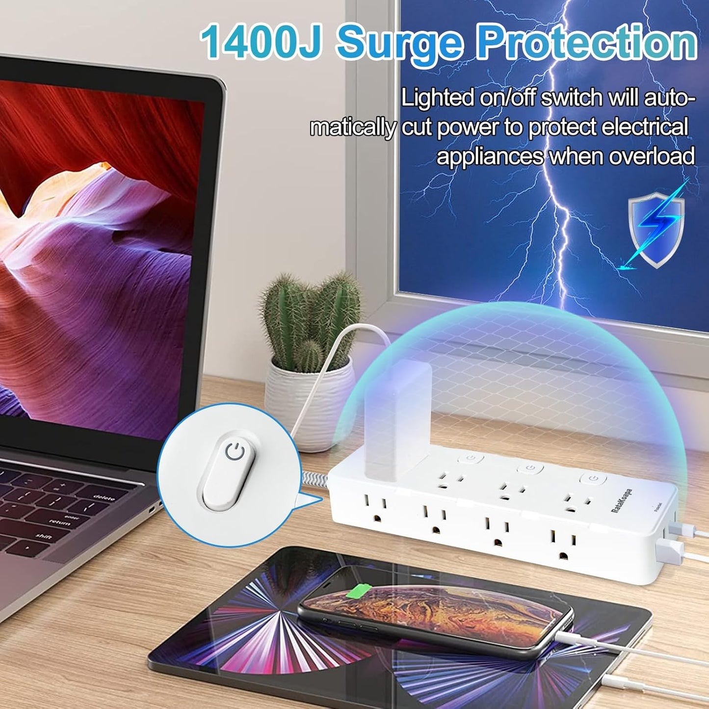 Skiennix 10 Ft Surge Protector Power Strip - 8 AC Outlets & 4 USB Ports | Flat Plug with Individual Switches for Home & Office