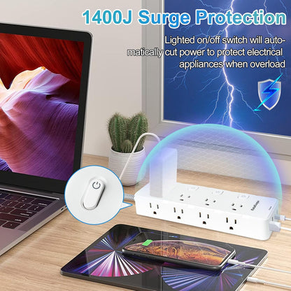 Skiennix 10 Ft Surge Protector Power Strip - 8 AC Outlets & 4 USB Ports | Flat Plug with Individual Switches for Home & Office