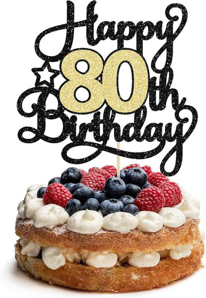 Happy 80th Birthday Cake Topper by [Brand Name] - Black Gold Glitter Design | Perfect for 80th Anniversary Celebrations