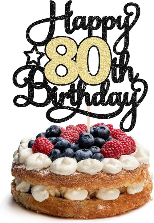 Happy 80th Birthday Cake Topper by [Brand Name] - Black Gold Glitter Design | Perfect for 80th Anniversary Celebrations