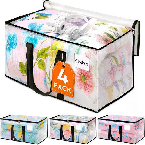 HomeHacks Clear Moving Bags - Heavy Duty 4 Pack with Zipper & Waterproof Design | 93L/24Gal (28.7"x14.2"x14")