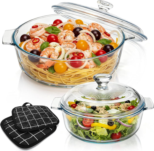 Skiennix Glass Casserole Dish Set - 2 Pack Round Baking Dishes with Lids | 1.8Qt & 0.8Qt, Dishwasher Safe