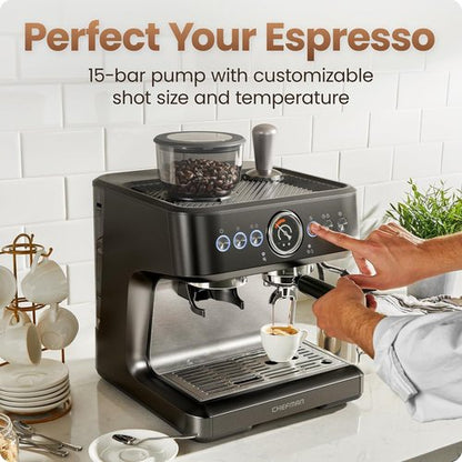 Chefman Crema Deluxe Espresso Machine - Double Boiler & Milk Frother | Professional Coffee Maker with Grinder & 30 Grind Settings