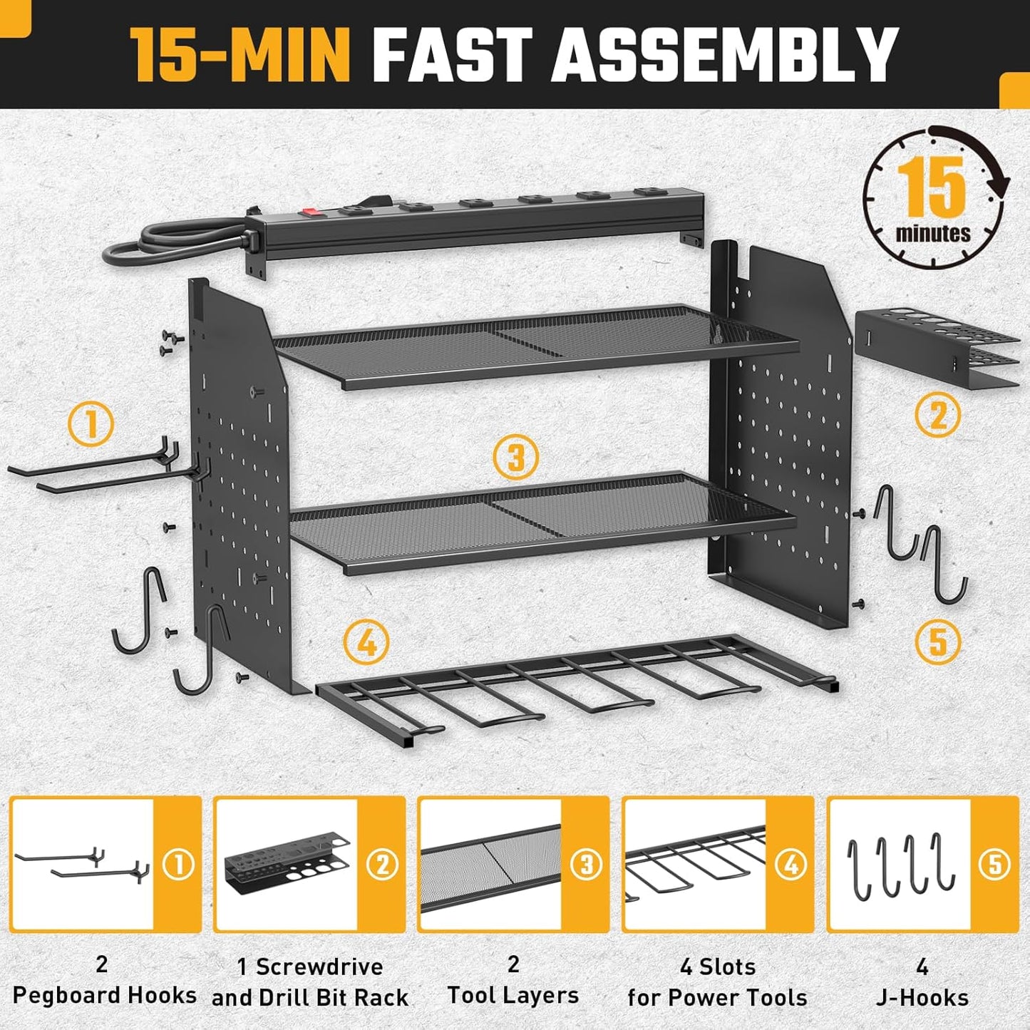 ZESEN Power Tool Organizer - 3-Layer Wall Mount Charging Station with 6 Outlets & Drill Holders | Black