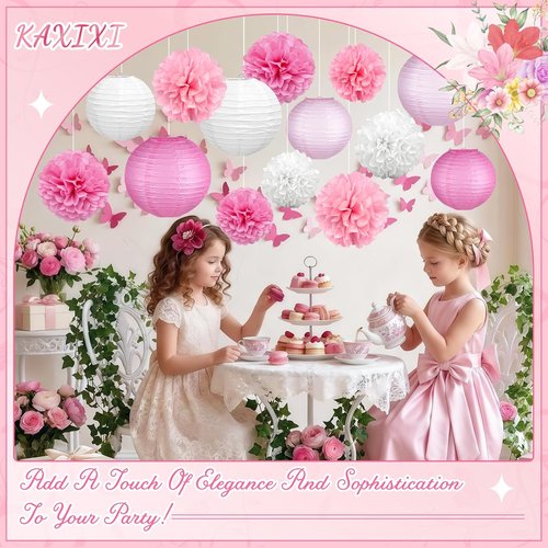 KAXIXI Pink Party Decorations - 15 Pcs Hanging Paper Lanterns & Tissue Pom Poms for Baby Showers & Birthdays