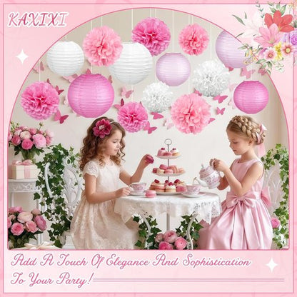KAXIXI Pink Party Decorations - 15 Pcs Hanging Paper Lanterns & Tissue Pom Poms for Baby Showers & Birthdays