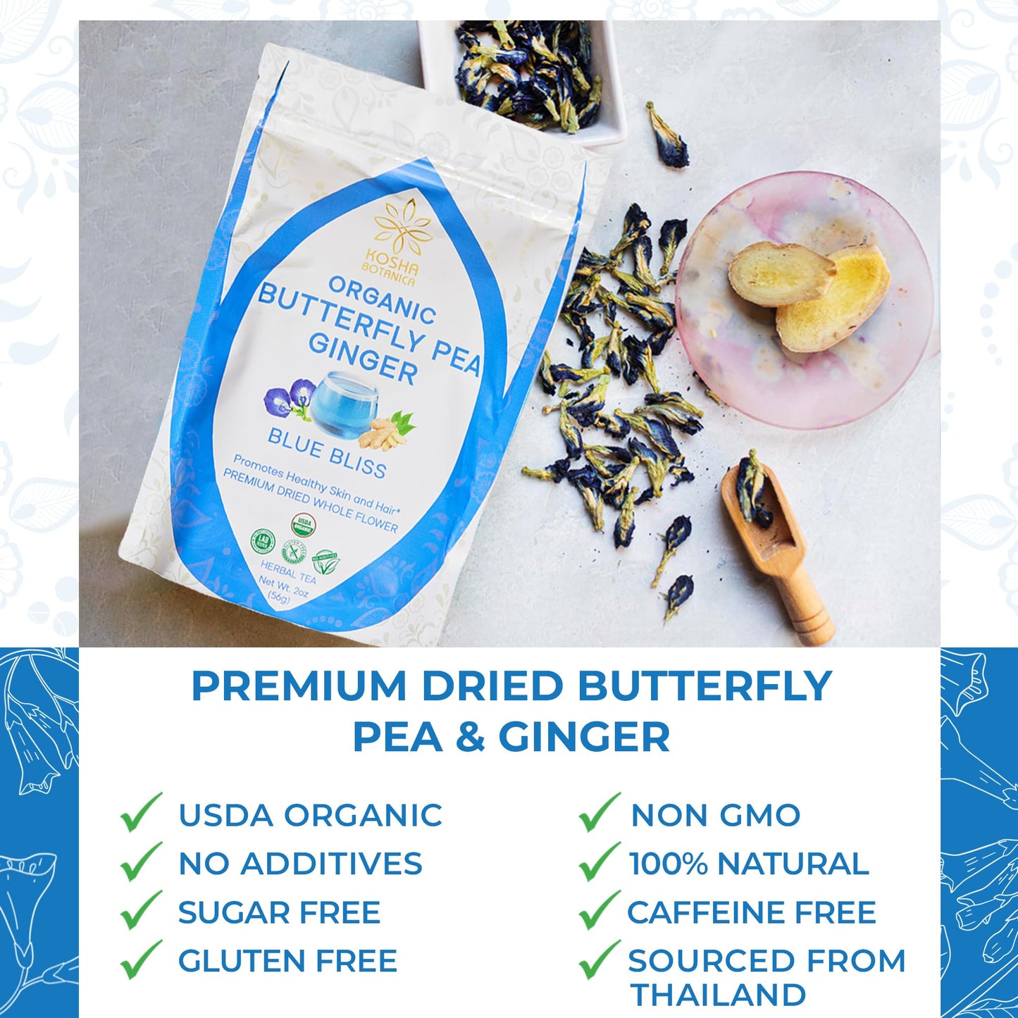 Kosha Botanica USDA Organic Butterfly Pea & Ginger Herbal Blend Tea | 65+ Servings 2 oz (56g) | Natural Premium Dried Whole Flower | Organic Non GMO Herbal Loose Leaf Tea