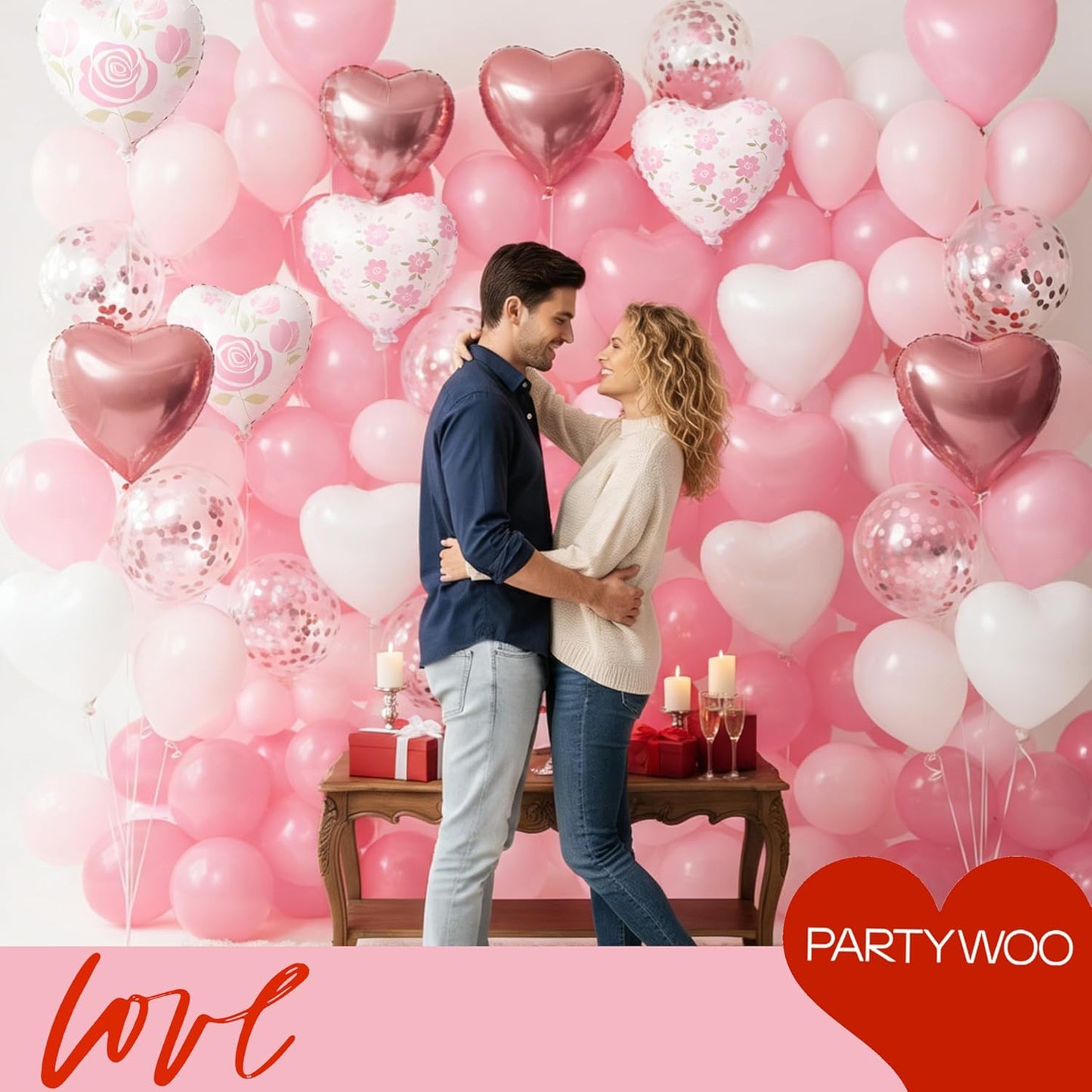 PartyWoo Pink Balloons - 127 Pcs in Various Sizes with Heart Foil for Valentine's Day & Weddings