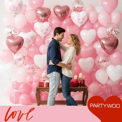 PartyWoo Pink Balloons - 127 Pcs in Various Sizes with Heart Foil for Valentine's Day & Weddings