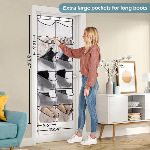 KIMBORA Over The Door Shoe Organizer - 12 Large Mesh Pockets for Boots | White Hanging Storage Rack