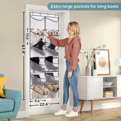 KIMBORA Over The Door Shoe Organizer - 12 Large Mesh Pockets for Boots | White Hanging Storage Rack