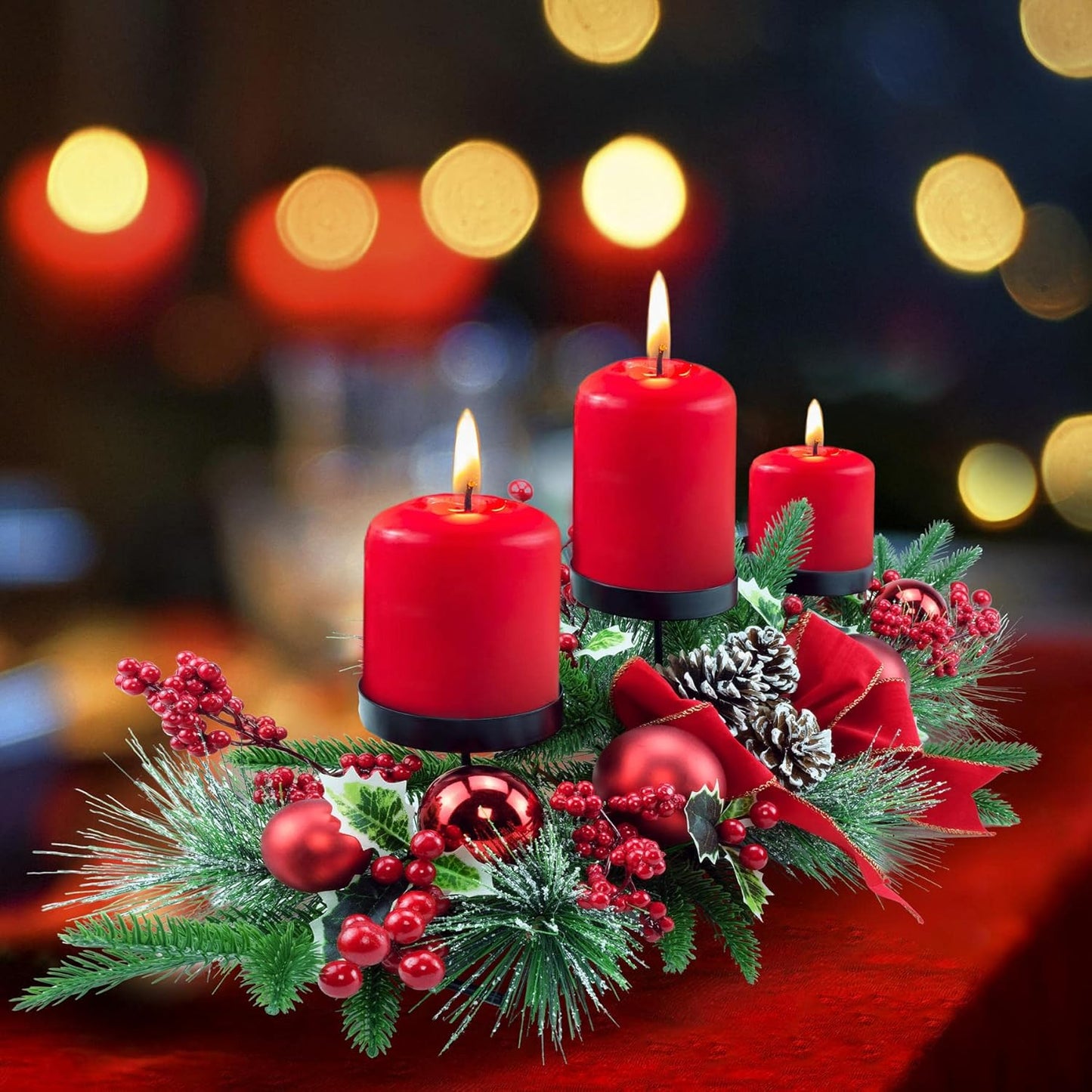 YULETIME Christmas Triple Candelabrum - Holiday Candle Holder with Red Baubles & Natural Pine Decor