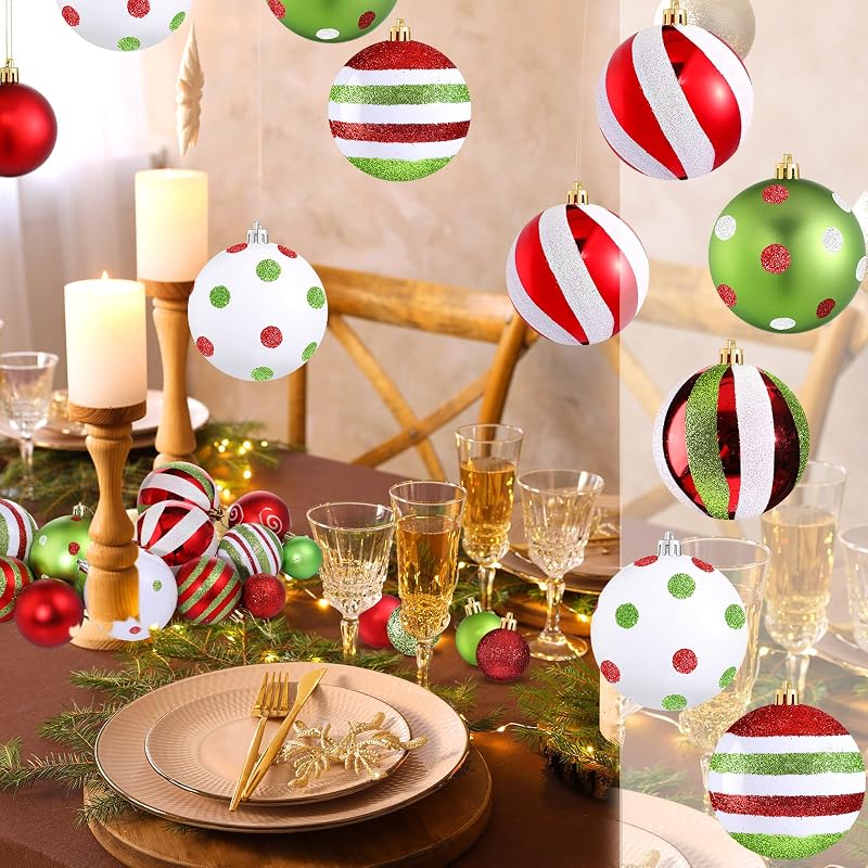 Christmas Ball Ornaments Set - 36 Pcs Red & Green, Glitter & Swirl Design