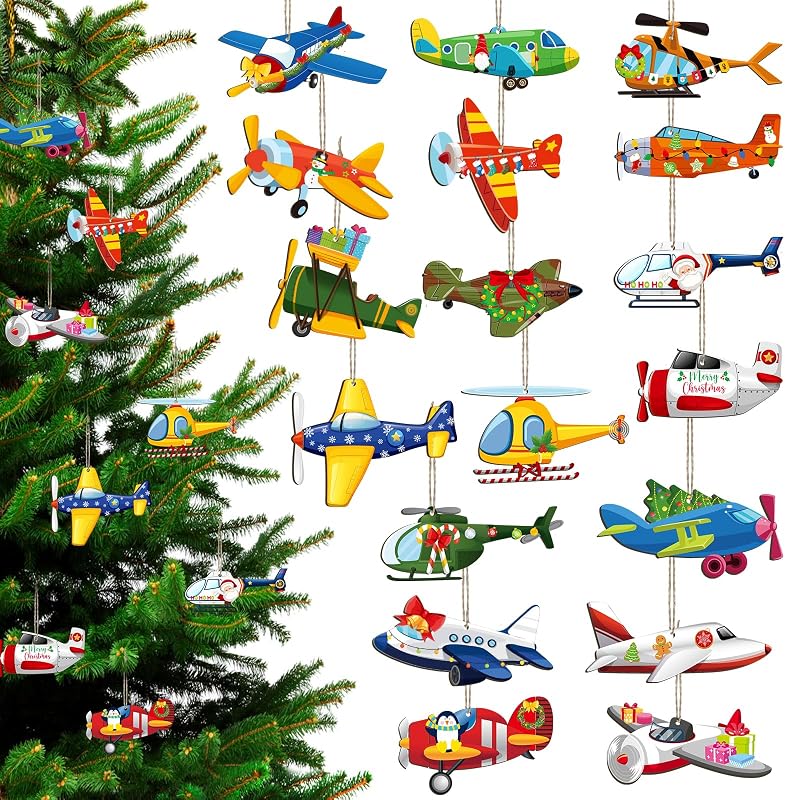 Airplane Christmas Ornaments 36 Pcs Wooden Flight Themed Set - 18 Styles, 3.94in