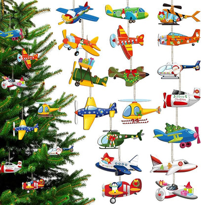 Airplane Christmas Ornaments 36 Pcs Wooden Flight Themed Set - 18 Styles, 3.94in