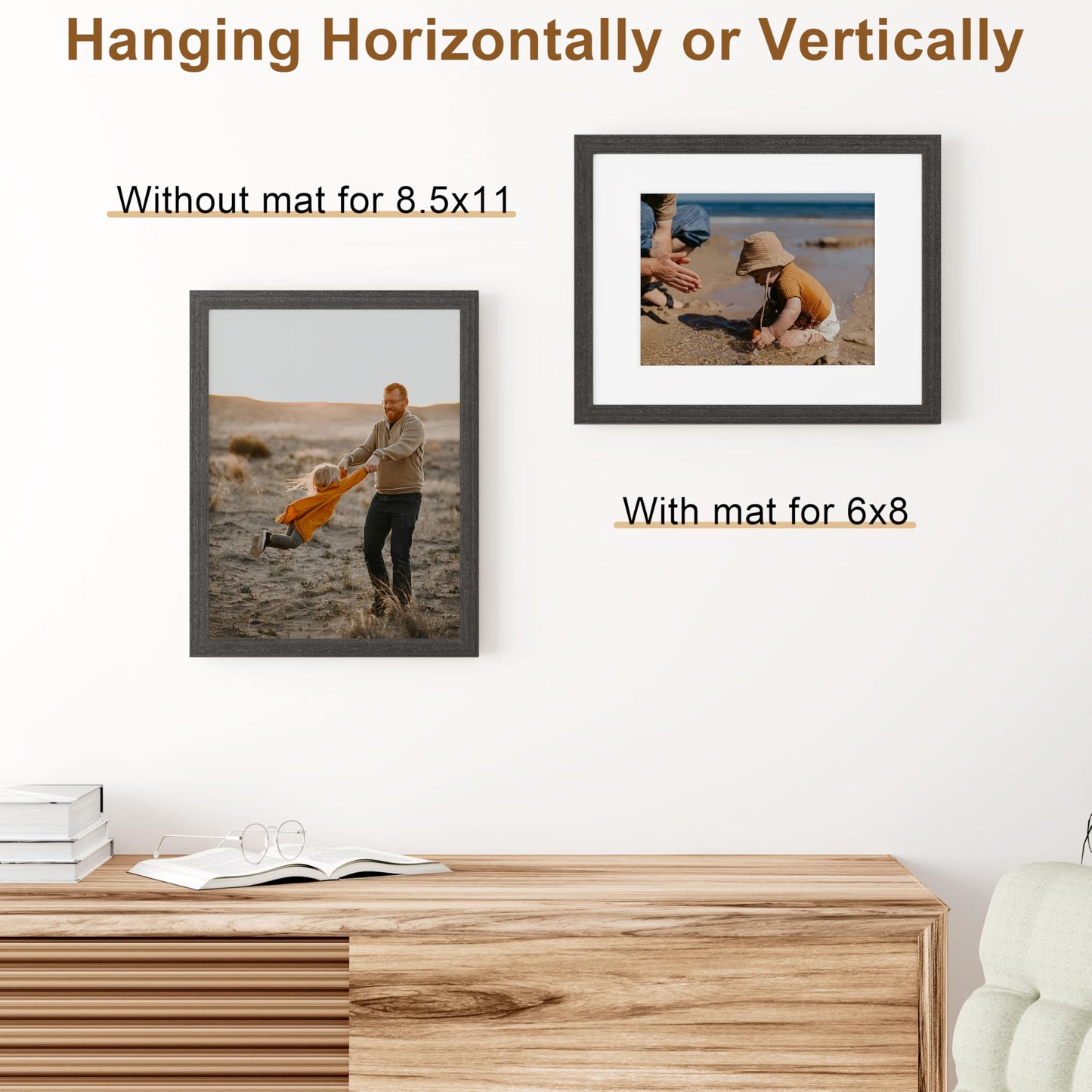 Vittanly 8.5x11 Picture Frame, Solid Wood Frame with Plexiglass, Includes 6x8 Mat, Wall Hanging or Tabletop for Photos, Home Decor, Charcoal Black, 1 Pack