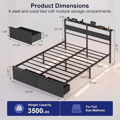 Full Size Bed Frame with Storage Drawers, Headboard Lights & USB-C Charging