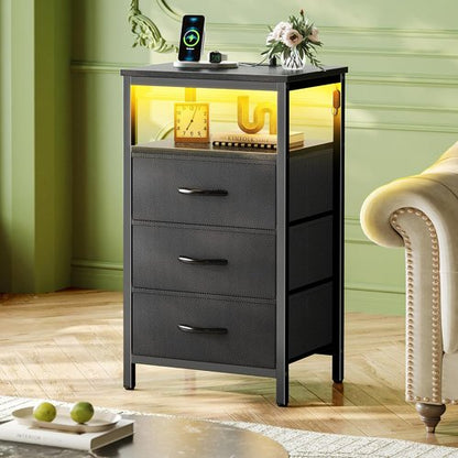 Huuger Night Stand - 3 Drawer Bedside Table with Charger Station & LED Lights | Black Fabric Dresser