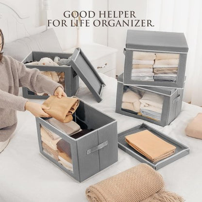 Homsorout Storage Bins - Foldable Fabric Baskets with Window & Handle | 3-Pack Grey Organizers