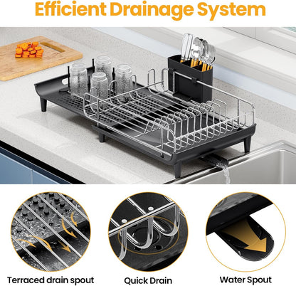 TOOLF Expandable Dish Rack - Stainless Steel Dish Drying Rack with Cutlery Holder | Large & Foldable, Black