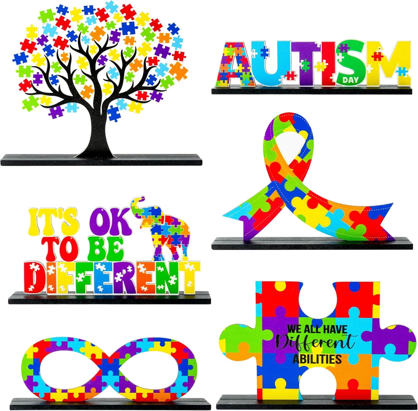 Skiennix 6Pcs Autism Awareness Wood Tiered Tray Centerpieces - Inspirational Puzzle Piece Decor for April