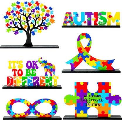 Skiennix 6Pcs Autism Awareness Wood Tiered Tray Centerpieces - Inspirational Puzzle Piece Decor for April