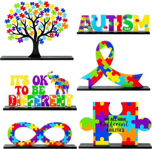 Skiennix 6Pcs Autism Awareness Wood Tiered Tray Centerpieces - Inspirational Puzzle Piece Decor for April