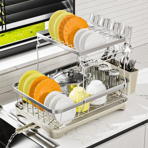 arshray Dish Drying Rack Kitchen 2-Tier 304 Stainless Steel Dish Racks for Kitchen Counter,Dish Strainer with 360°Draining Tray,Drying Rack with Water Cup Hook & Cutlery Holder,Grey