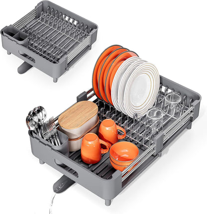 Skiennix Stainless Steel Dish Drying Rack - Space-Saving Kitchen Organizer with Extendable Drainboard & Foldable Design, Gray
