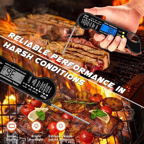 Instant Read Meat Thermometer - Fast, Accurate Digital Food Thermometer with Magnet & Backlight (Black)