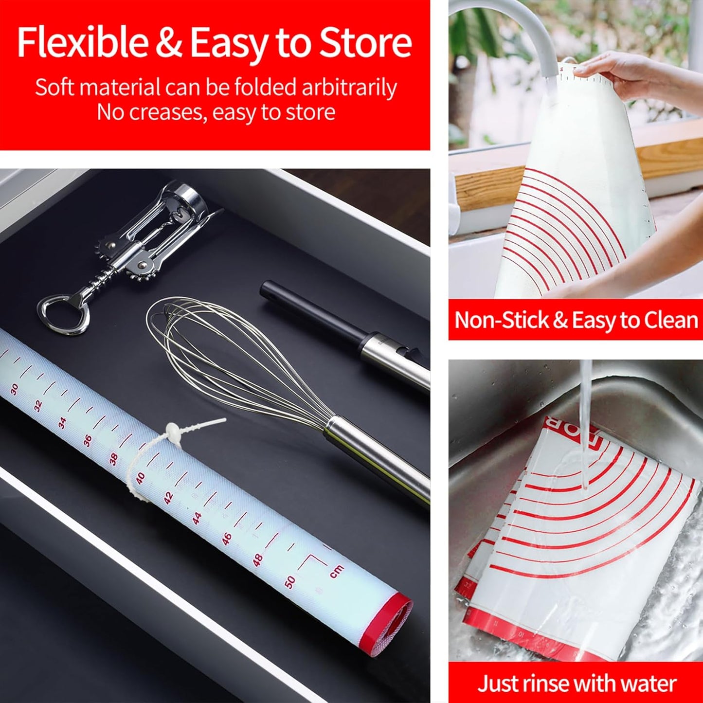 Skiennix Silicone Baking Mat - Extra Large 32x24 Inch Non-Stick Pastry Mat with Dough Scraper & Ties