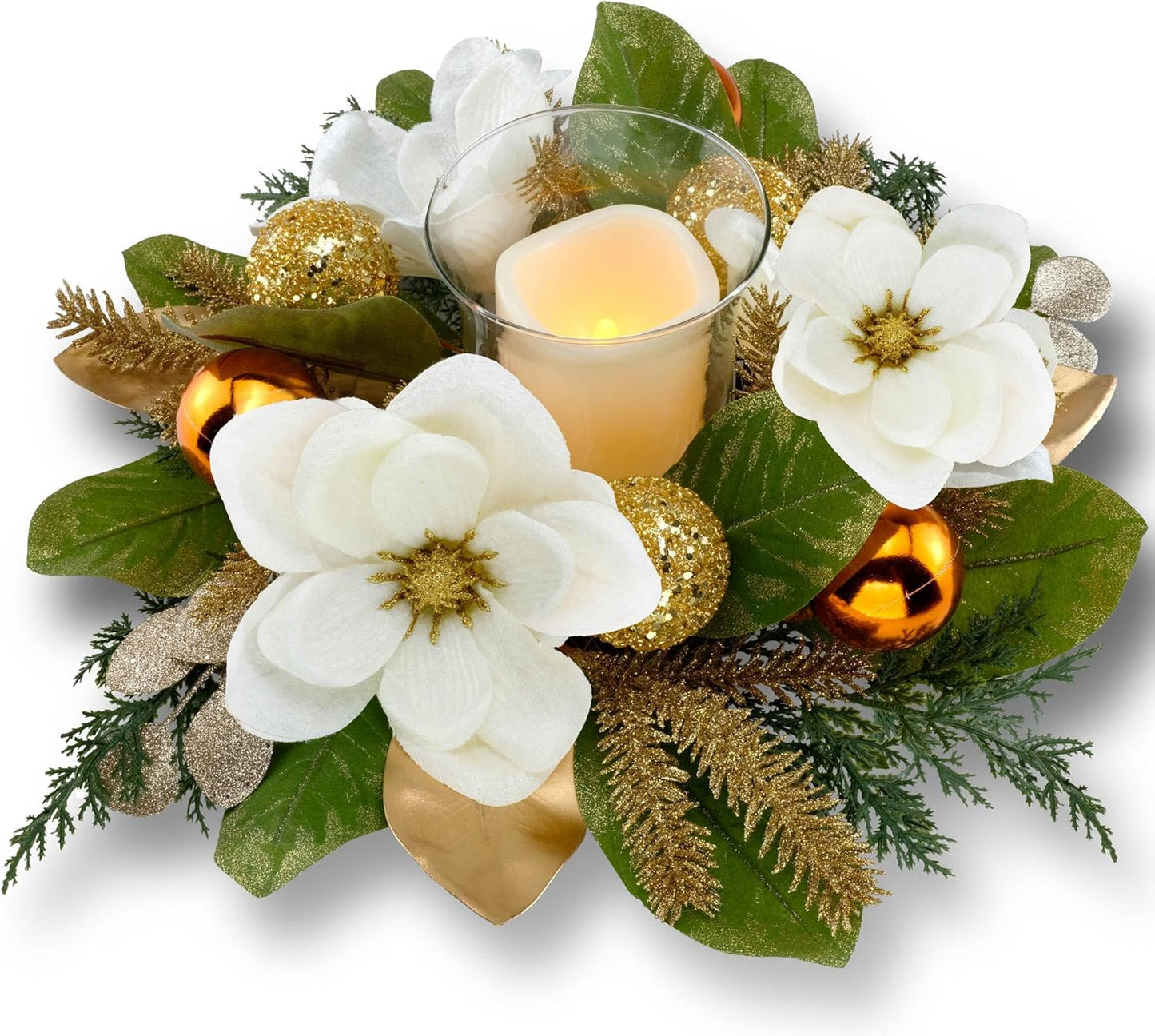 Skiennix 18" Centerpiece - Flameless LED Candle Holder with White Magnolia, Gold Baubles & Spruce Branches for Holiday Decor