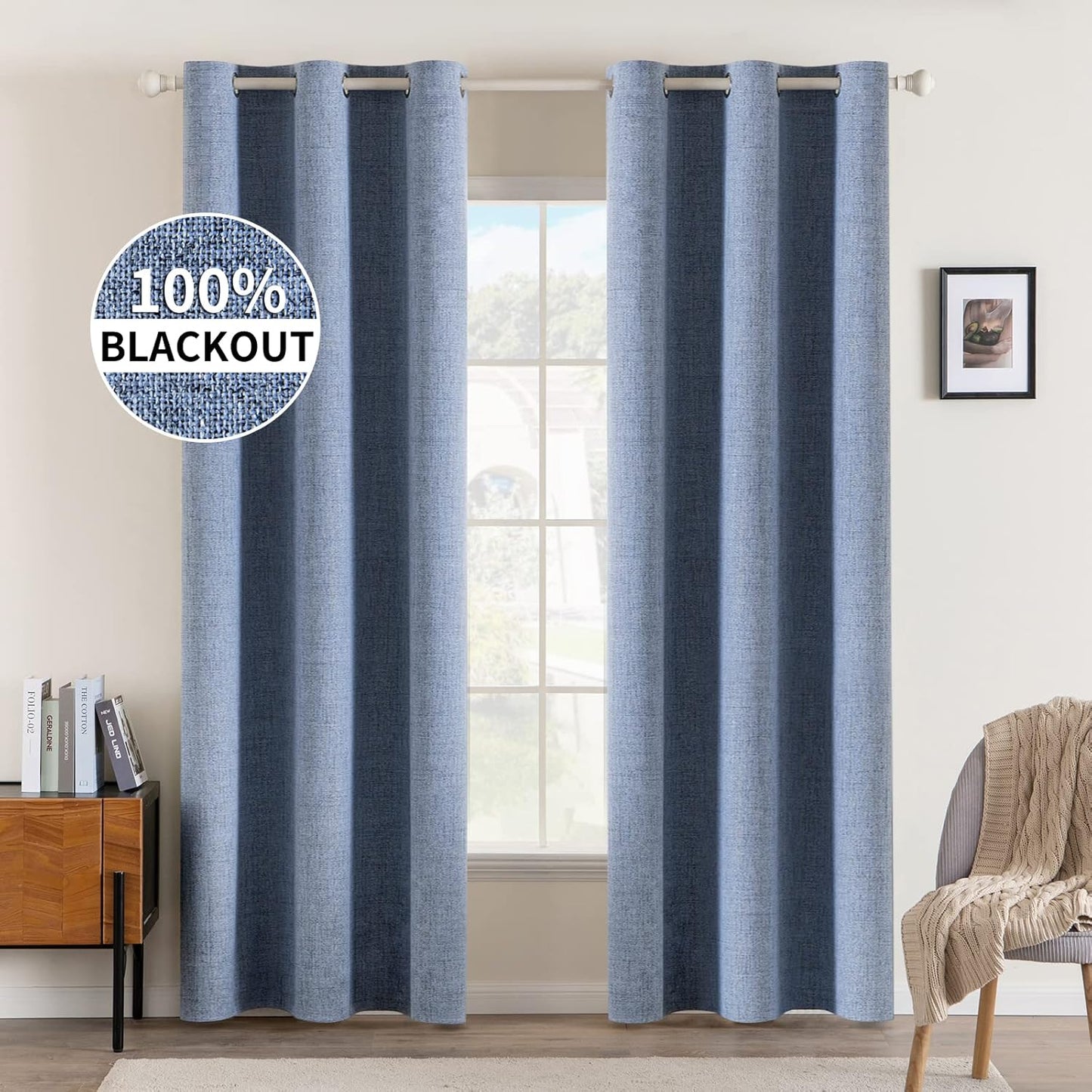 MIULEE Linen Blackout Curtains - 100% Room Darkening Thermal Insulated Grommet Panels | 2 PCs, W 42 x L 84 inches, Stone Blue