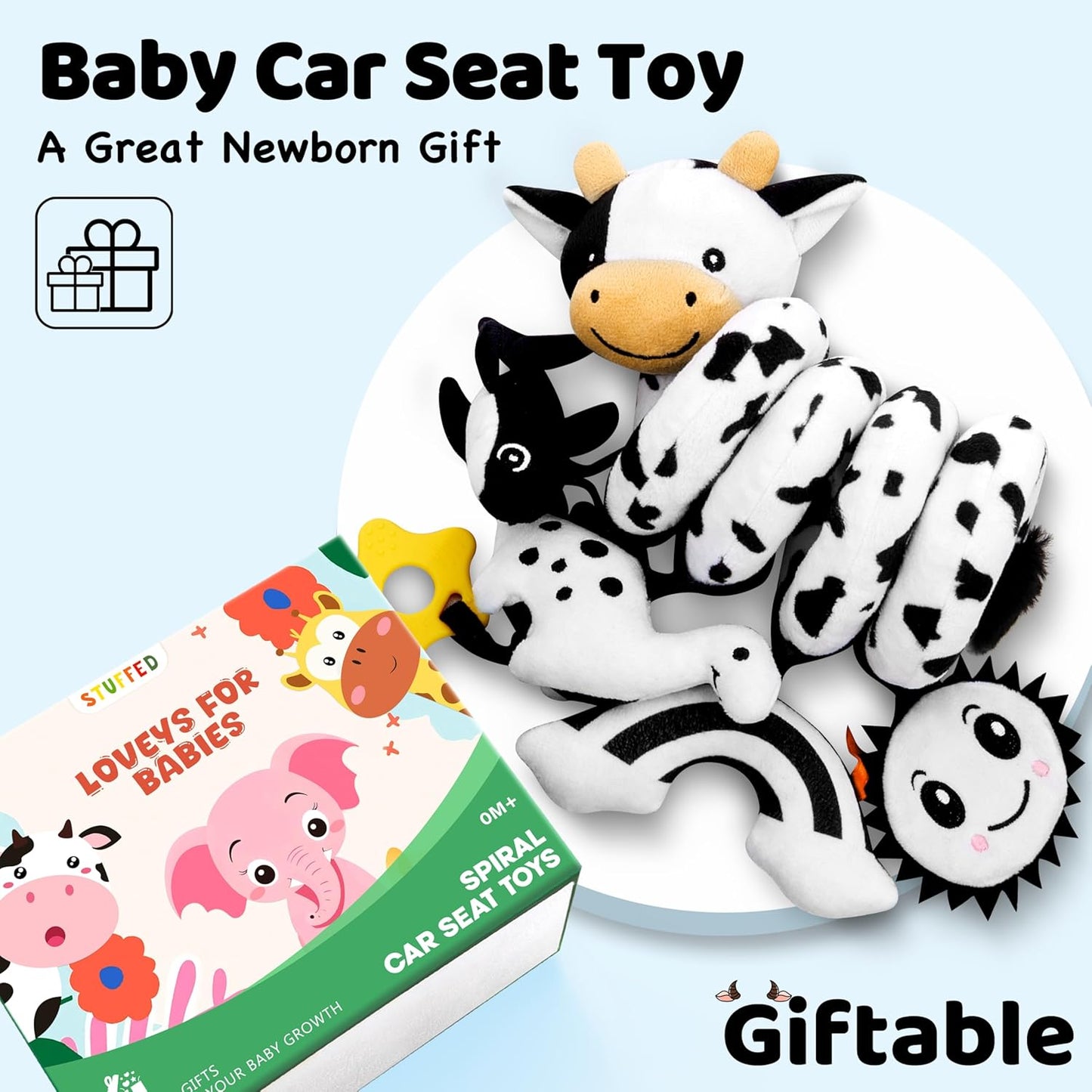 Skiennix Spiral Car Seat Baby Toy - High Contrast Sensory Hanging Stroller Accessory | Black & White Cow for Infants 0-6 Months